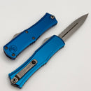 Microtech Knives Mini Hera Stonewash Full Serrated Double Edge M390MK w/ Blue Handle 1702M-12BL