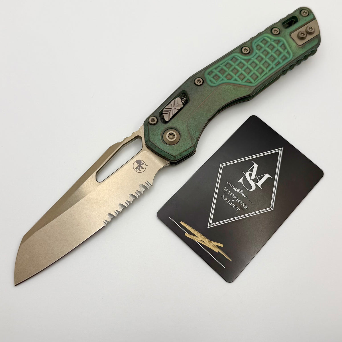 Microtech Marfione Select MSI RAM LOK Antique Green Frag Titanium Hand