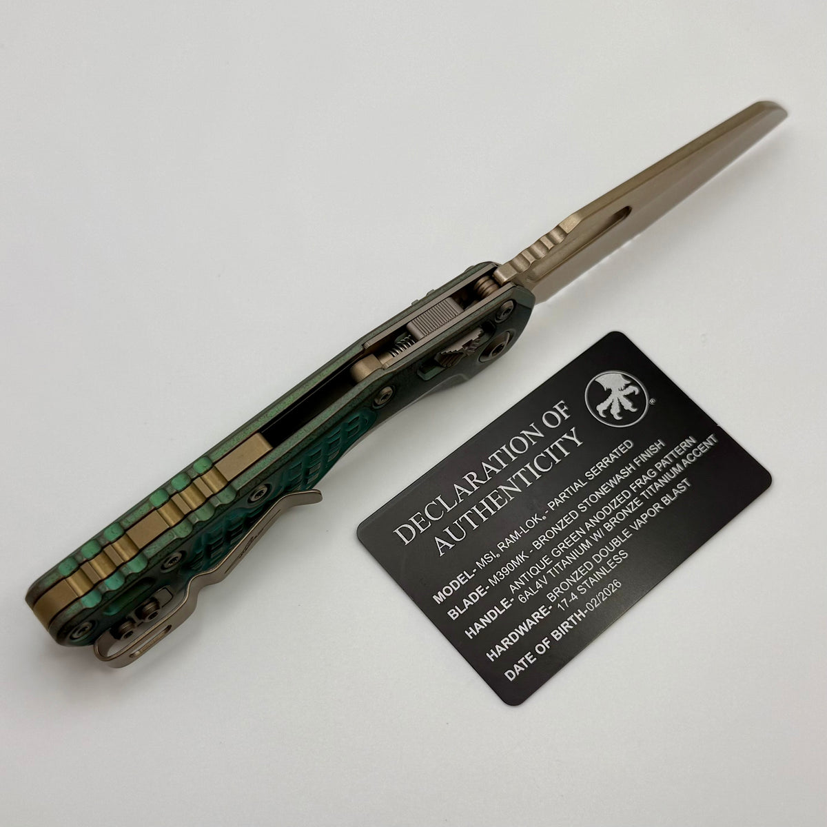 Microtech Marfione Select MSI RAM LOK Antique Green Frag Titanium Hand