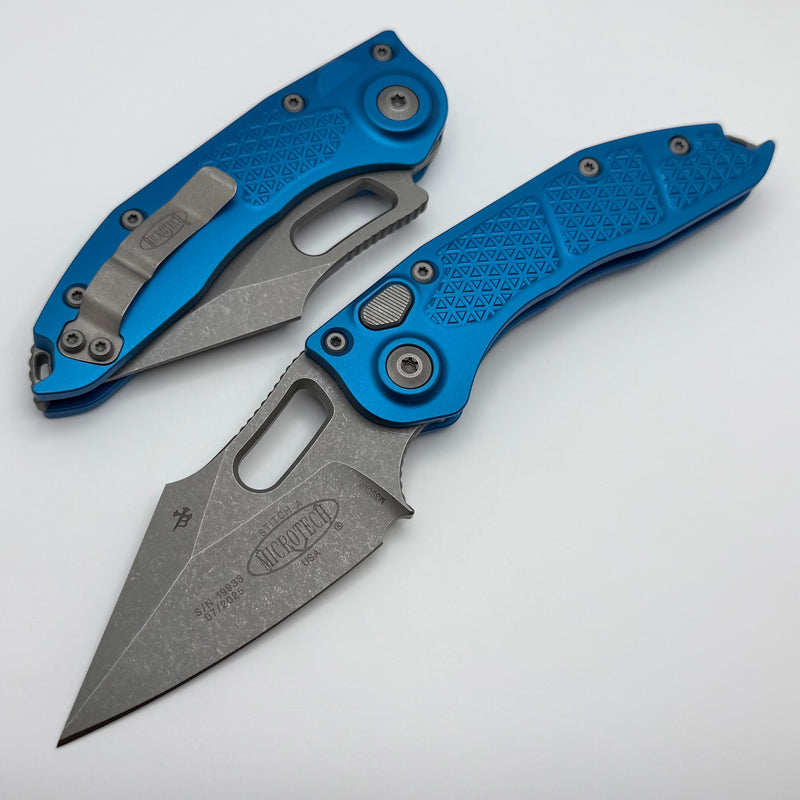 Microtech Borka Stitch Auto w/ Blue Handles & Apocalyptic M390 169-10A