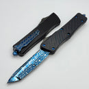 Marfione Custom Knives Combat Troodon Gen 1 Rose Whip Ground Tanto Blued Vines & Roses w/ Blue Carbon Fiber Top Handle