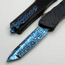 Marfione Custom Knives Combat Troodon Gen 1 Rose Whip Ground Tanto Blued Vines & Roses w/ Blue Carbon Fiber Top Handle