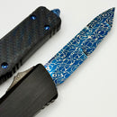 Marfione Custom Knives Combat Troodon Gen 1 Rose Whip Ground Tanto Blued Vines & Roses w/ Blue Carbon Fiber Top Handle
