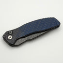 Pro-Tech Pallas Custom Distress Blue/Bronze Lattice Textured Titanium Handle w/ Black Lip Pearl Button & Chad Nichols Boomerang Damascus
