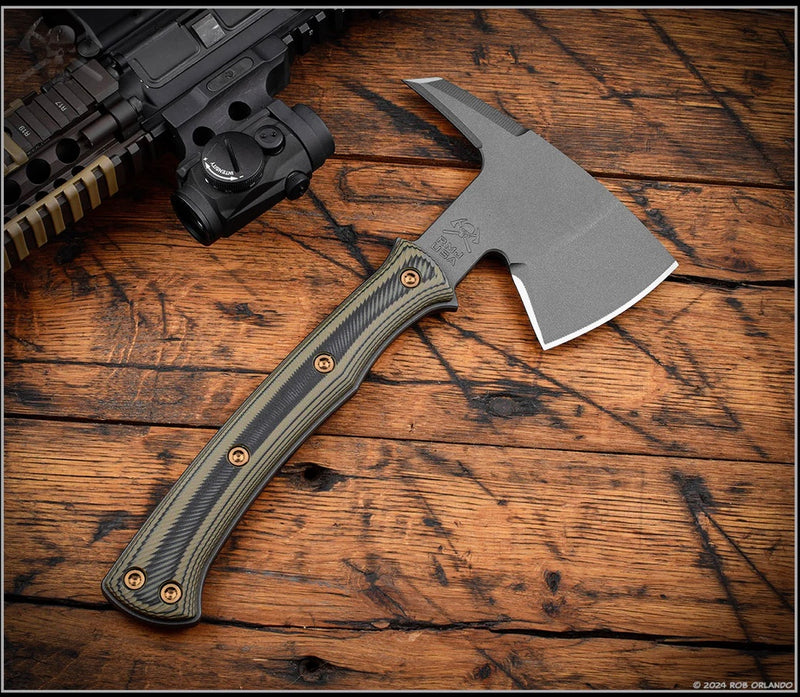 RMJ Tactical Pathfinder Tomahawk w/ Dirty Olive G-10 Handles & Tungsten Gray 80CRV2