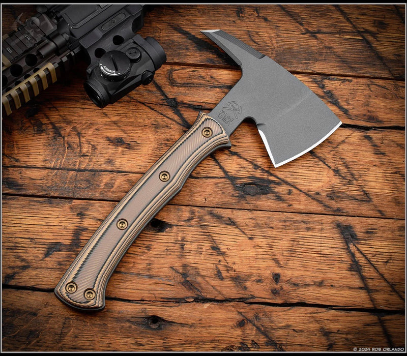 RMJ Tactical Pathfinder Tomahawk w/ Hyena Brown G-10 Handles & Tungsten Gray 80CRV2