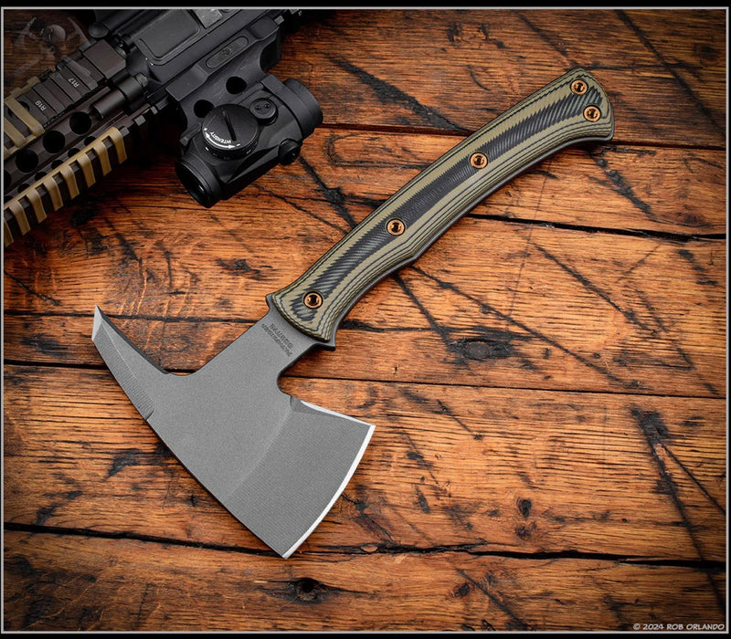 RMJ Tactical Pathfinder Tomahawk w/ Dirty Olive G-10 Handles & Tungsten Gray 80CRV2