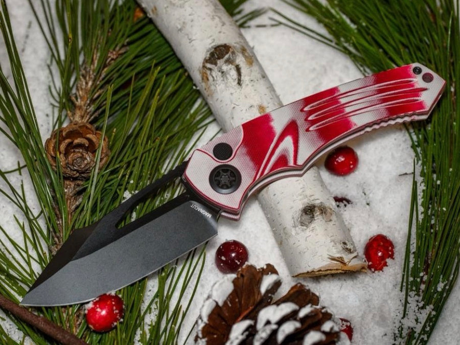 Heretic Knives Pariah M/A Button Lock Candy Cane G-10 Handles w/ DLC M