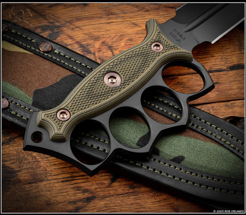 RMJ Tactical Lady Death Woodland Camo Dirty Olive G-10 & Black CPM-3V Fixed Blade