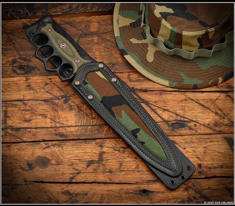 RMJ Tactical Lady Death Woodland Camo Dirty Olive G-10 & Black CPM-3V Fixed Blade