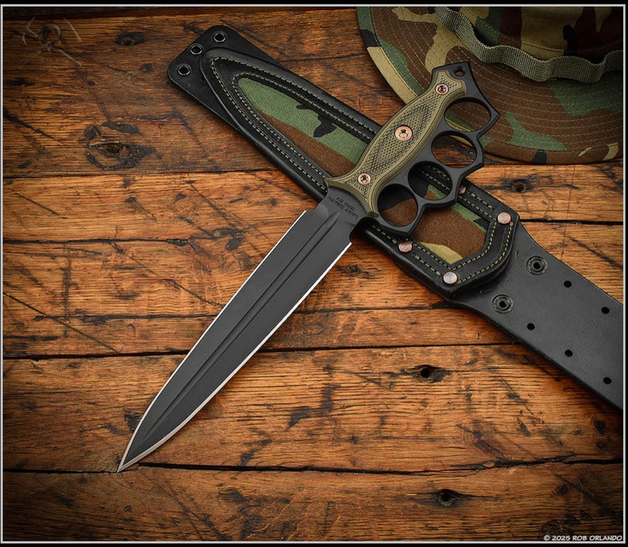 RMJ Tactical Lady Death Woodland Camo Dirty Olive G-10 & Black CPM-3V