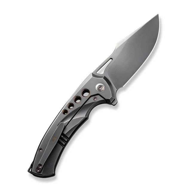 We Knife Swiftfin Polished Gray Titanium Handles w/ Dark Golden Holes & Polished Gray 20CV WE23051-3