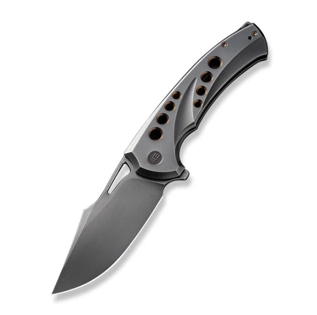 We Knife Swiftfin Polished Gray Titanium Handles w/ Dark Golden Holes & Polished Gray 20CV WE23051-3