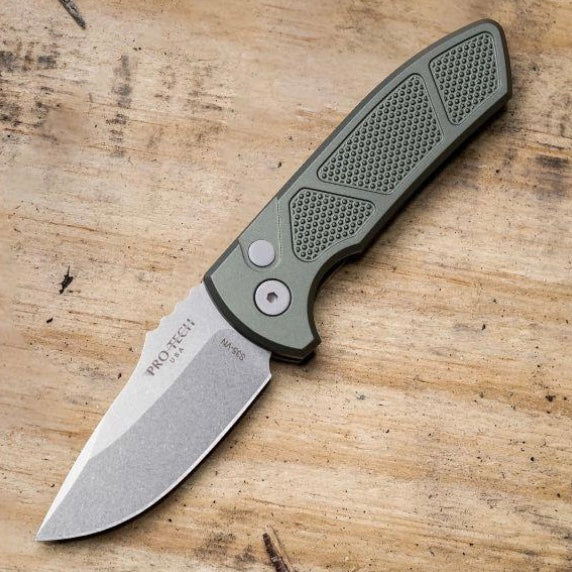 Pro-Tech SBR Short Bladed Rockeye Green Knurled Aluminum Handle & Stonewash S35 Blade LG405-Green