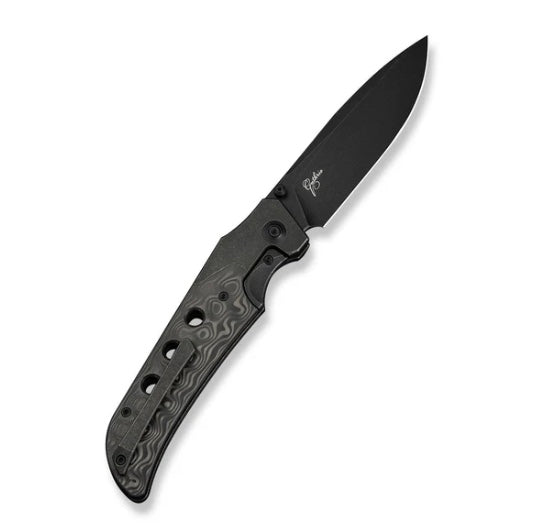 We Knife WE-Guthrie Thumb Stud & Front Flipper Black Ti Handle w/ Rose Carbon Fiber Inlays & Black Stonewashed CPM 20CV WE23072B-1