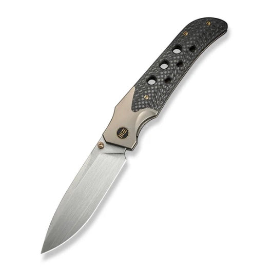 We Knife WE-Guthrie Thumb Stud & Front Flipper Champagne Ti Handle w/ Twill Carbon Fiber Inlays & Hand Satin CPM 20CV WE23072B-2