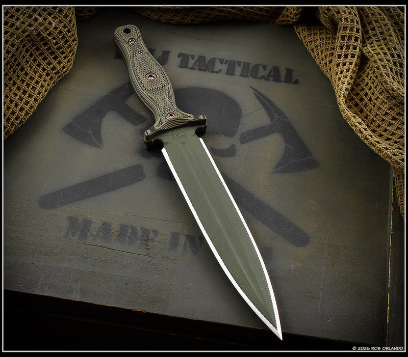 RMJ Tactical Kilroy Fixed Blade w/ Dirty Olive G-10 & OD Green Cerakot