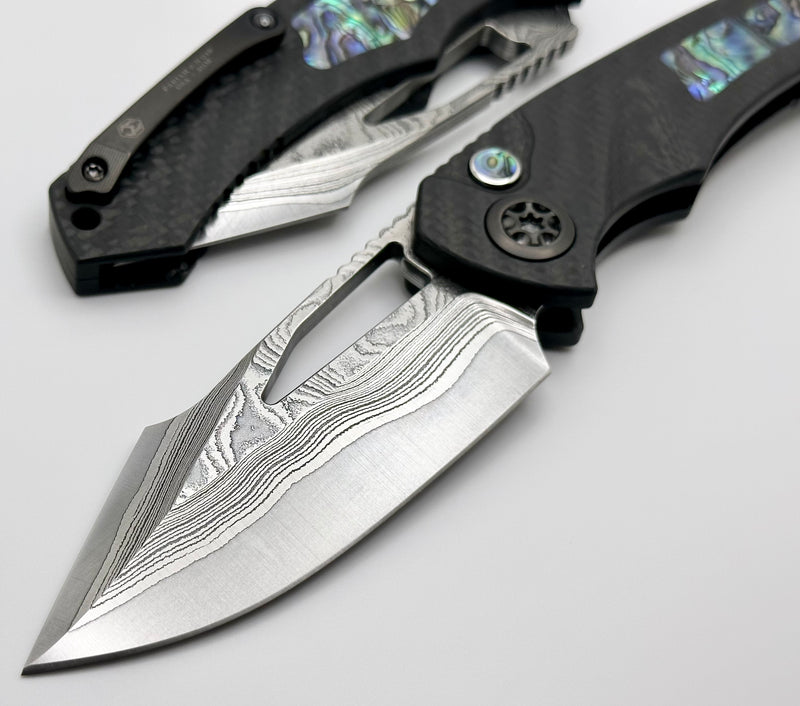 Heretic Knives Pariah Custom M/A Button Lock Carbon Fiber & Abalone Inlay w/ Vegas Forge Wood Grain San Mai Damascus