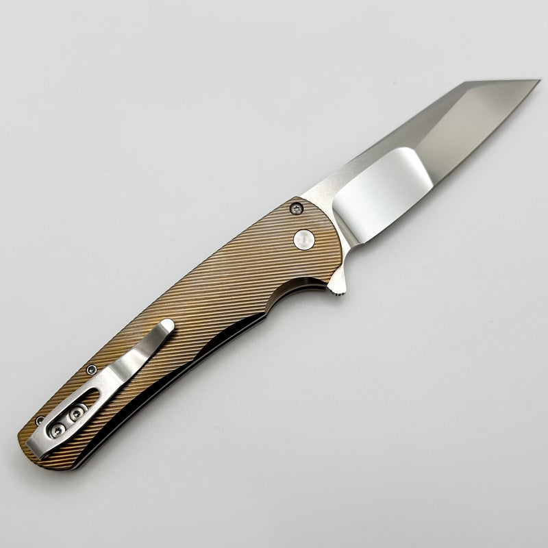 Pro-Tech Malibu Bronze Ano Titanium Handle w/ Abalone Button & Mike Irie Hand Ground Mirror Reverse Tanto Blade 2023 Custom 007