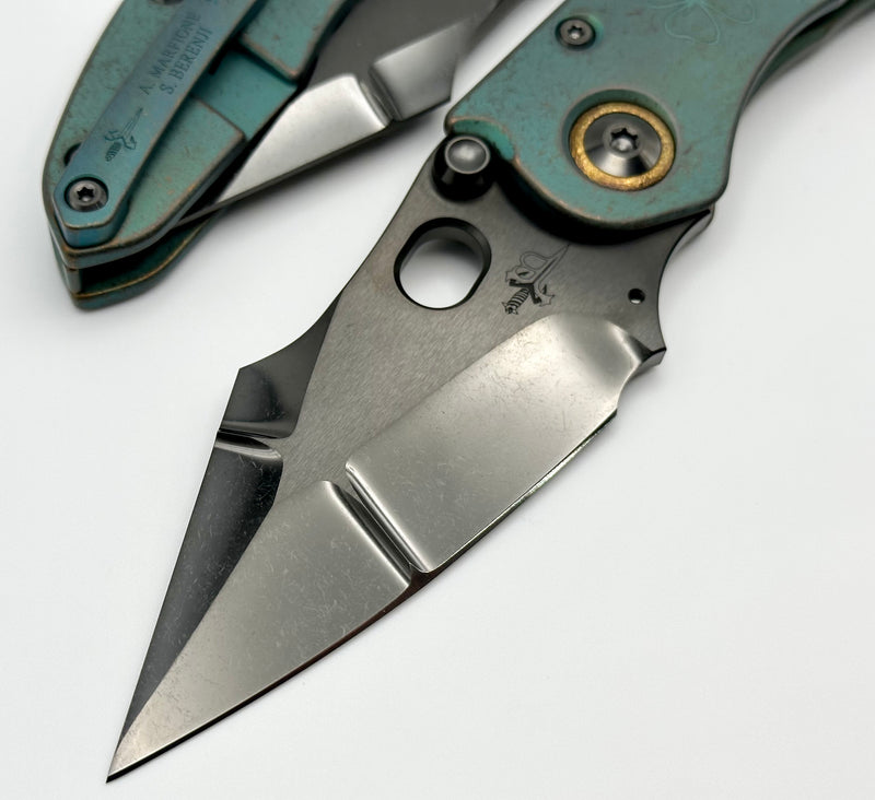 Marfione Custom Knives & Borka Blades Antique Green Lucky Stitch Trit Inlaid w/ DLC Cracked Diamond Wash Double Star Grind M390 & Antique Green Engraved Titanium