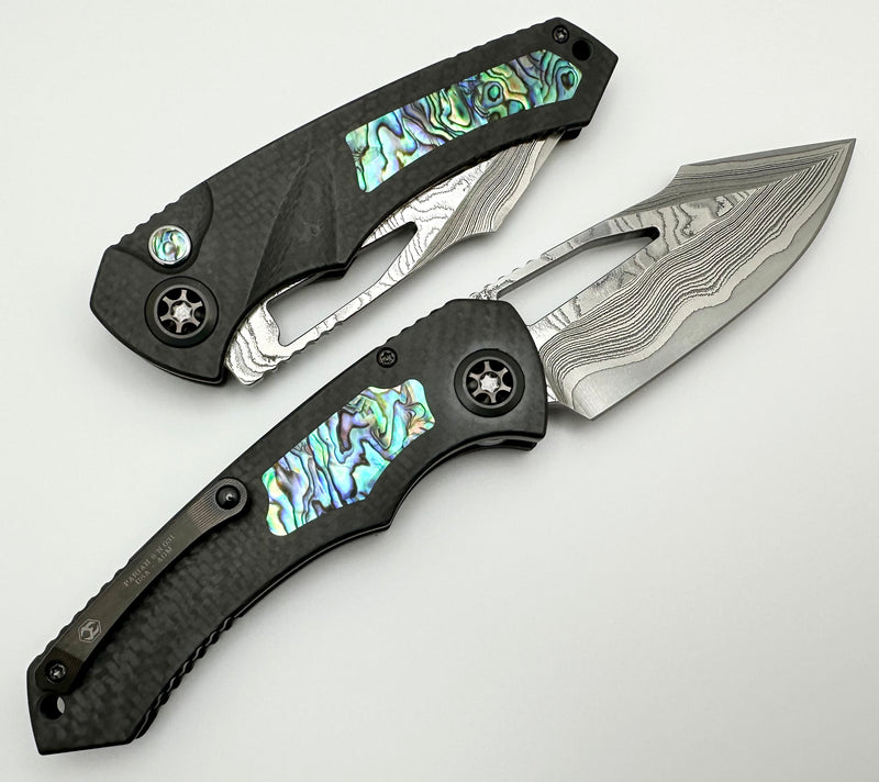 Heretic Knives Pariah Custom M/A Button Lock Carbon Fiber & Abalone Inlay w/ Vegas Forge Wood Grain San Mai Damascus