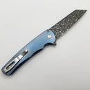 Pro-Tech Malibu Blue Ano Titanium Handle w/ Pearl Button & Vegas Forge Razorwire Damascus Reverse Tanto Blade 2023 Custom 008