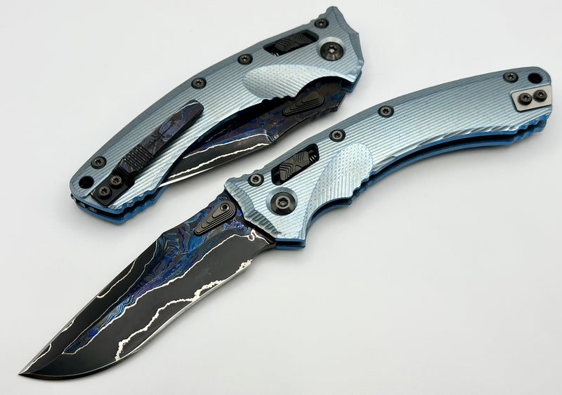 Marfione Custom Knives Amphibian RAM-LOK Brute de Forge Metroid Broken Anvil Damascus & Fluted Ice Blue Stippled Titanium