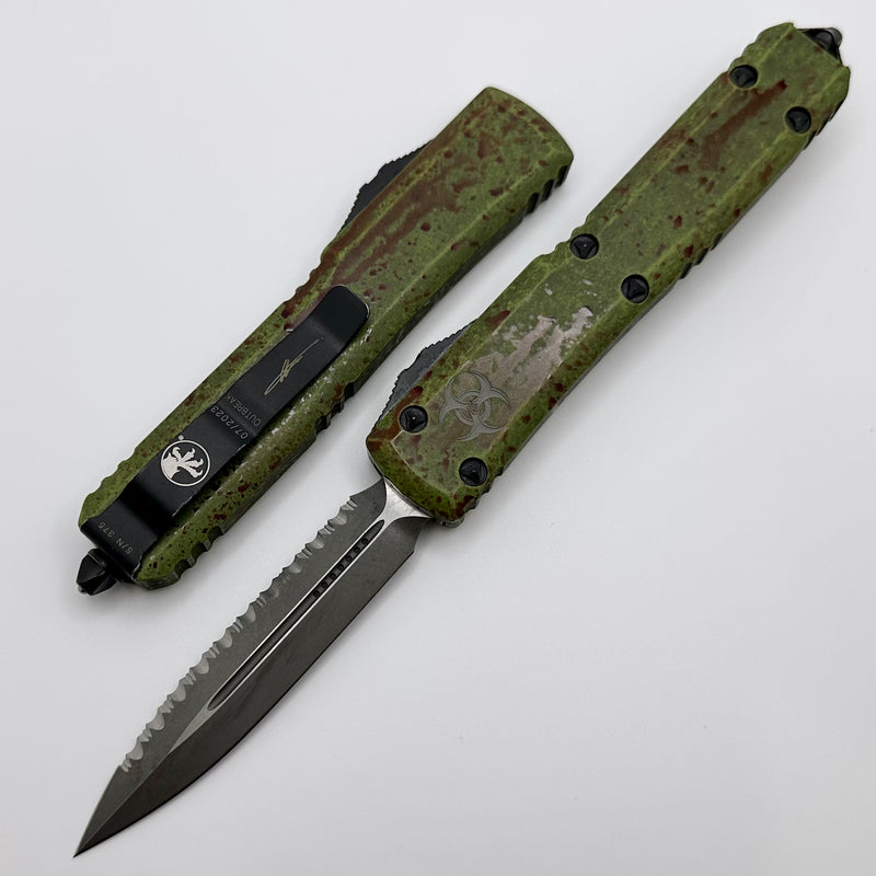 Microtech Ultratech D/E Full Serrated Outbreak Deep Engraved Signature Series 122-3OBDS