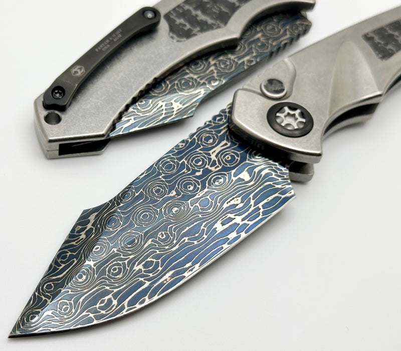 Heretic Knives Pariah Auto Custom Titanium & Silver Snakeskin Inlay w/ Blued Vegas Forge Damascus