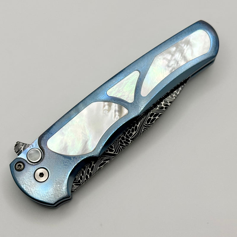 Pro-Tech Malibu Blue Ano Titanium Handle w/ Pearl Inlays/Button & Chad Nichols Mosaic Damascus Wharncliffe Blade 2023 Custom 011