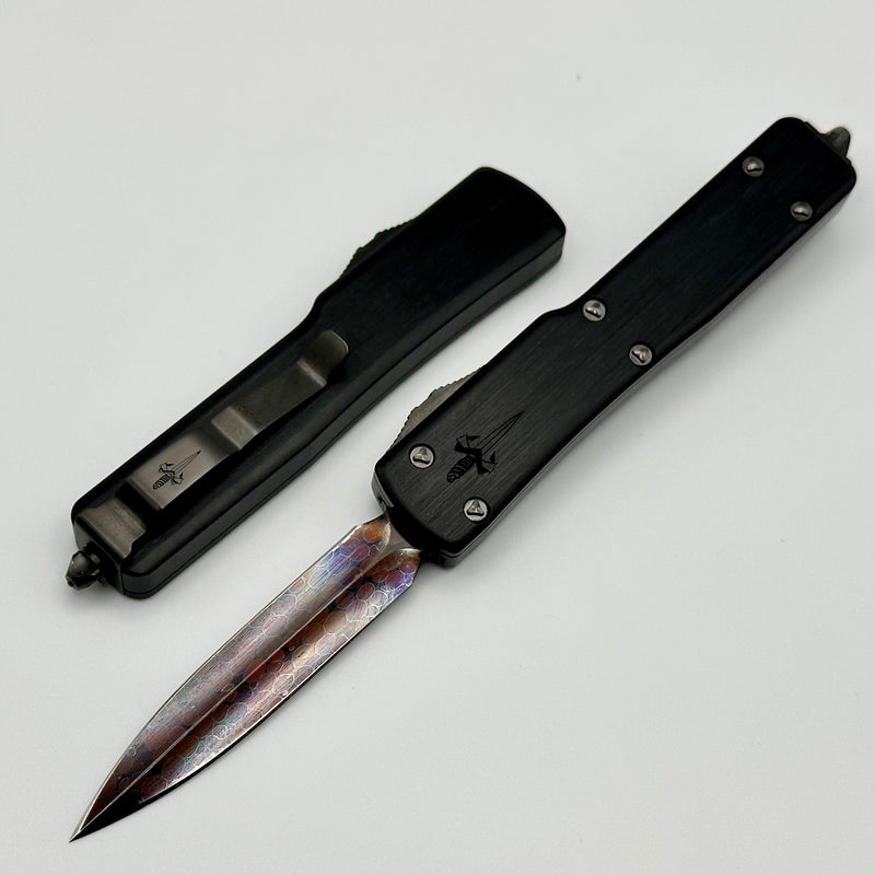 Marfione Custom Knives UTX-70 Hot Blued Dragonskin Bertie Riveld Damascus Spike Grind w/ Hefted Alloy & DLC Two Tone Hardware