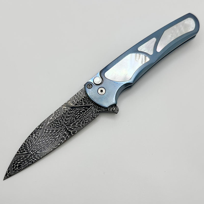 Pro-Tech Malibu Blue Ano Titanium Handle w/ Pearl Inlays/Button & Chad Nichols Mosaic Damascus Wharncliffe Blade 2023 Custom 011