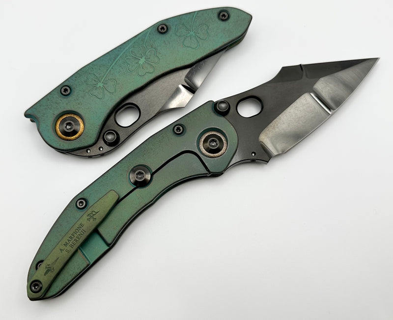 Marfione Custom Knives & Borka Blades Antique Green Lucky Stitch Trit Inlaid w/ DLC Cracked Diamond Wash Double Star Grind M390 & Antique Green Engraved Titanium