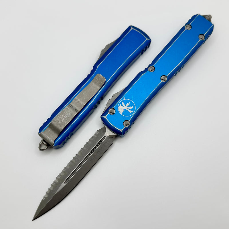 Microtech Ultratech Double Edge Apocalyptic Full Serrated & Distressed Blue 122-12DBL
