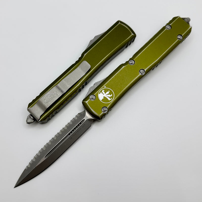 Microtech Ultratech Double Edge Apocalyptic Full Serrated & Distressed OD Green 122-12DOD