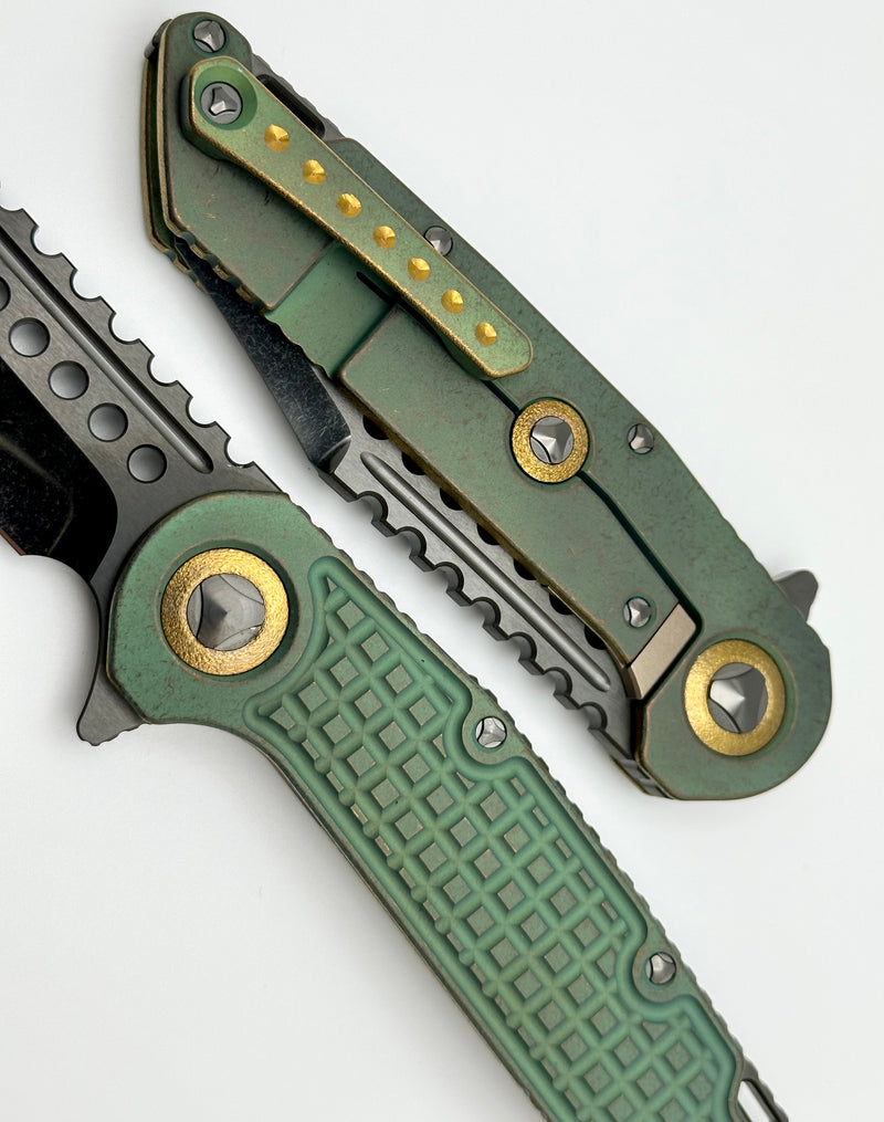 Marfione Custom Knives Warhound DLC Two Tone Stonewash & Antique Green Frag Titanium Handles w/ DLC Titanium Hardware