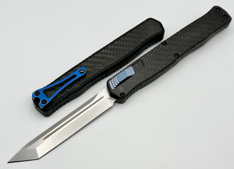 Heretic Knives Cleric II 2 Carbon Fiber Stonewash Tanto Magnacut w/ Blue Ti Button/Clip H019-2A-CF/BLU