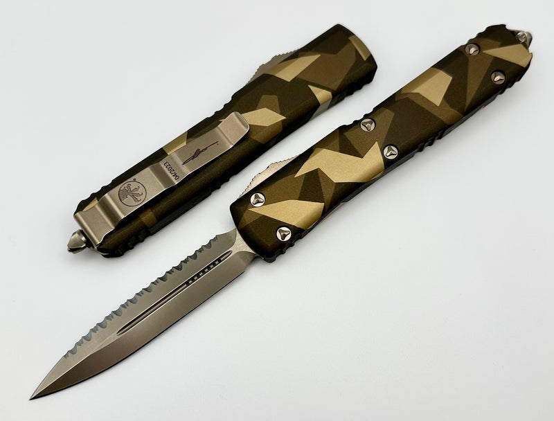 Microtech Ultratech Geo Tan Camo Bronzed Low Polished Double Edge Full Serrated Signature Series 122-15LPGETACS