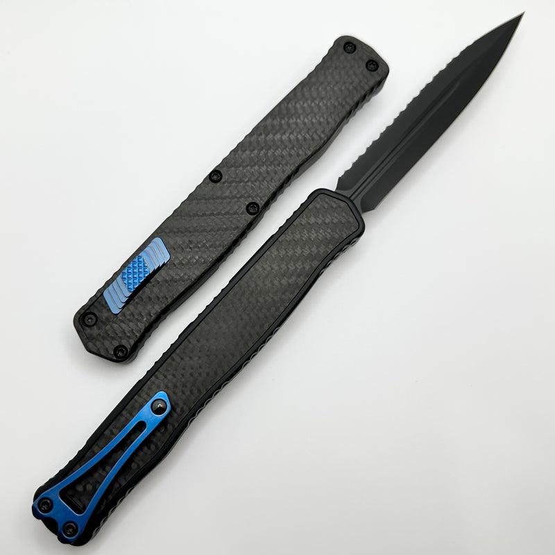 Heretic Knives Cleric II 2 Carbon Fiber DLC Double Edge Full Serrated Magnacut w/ Blue Ti Button/Clip H020-6C-CF/BLU