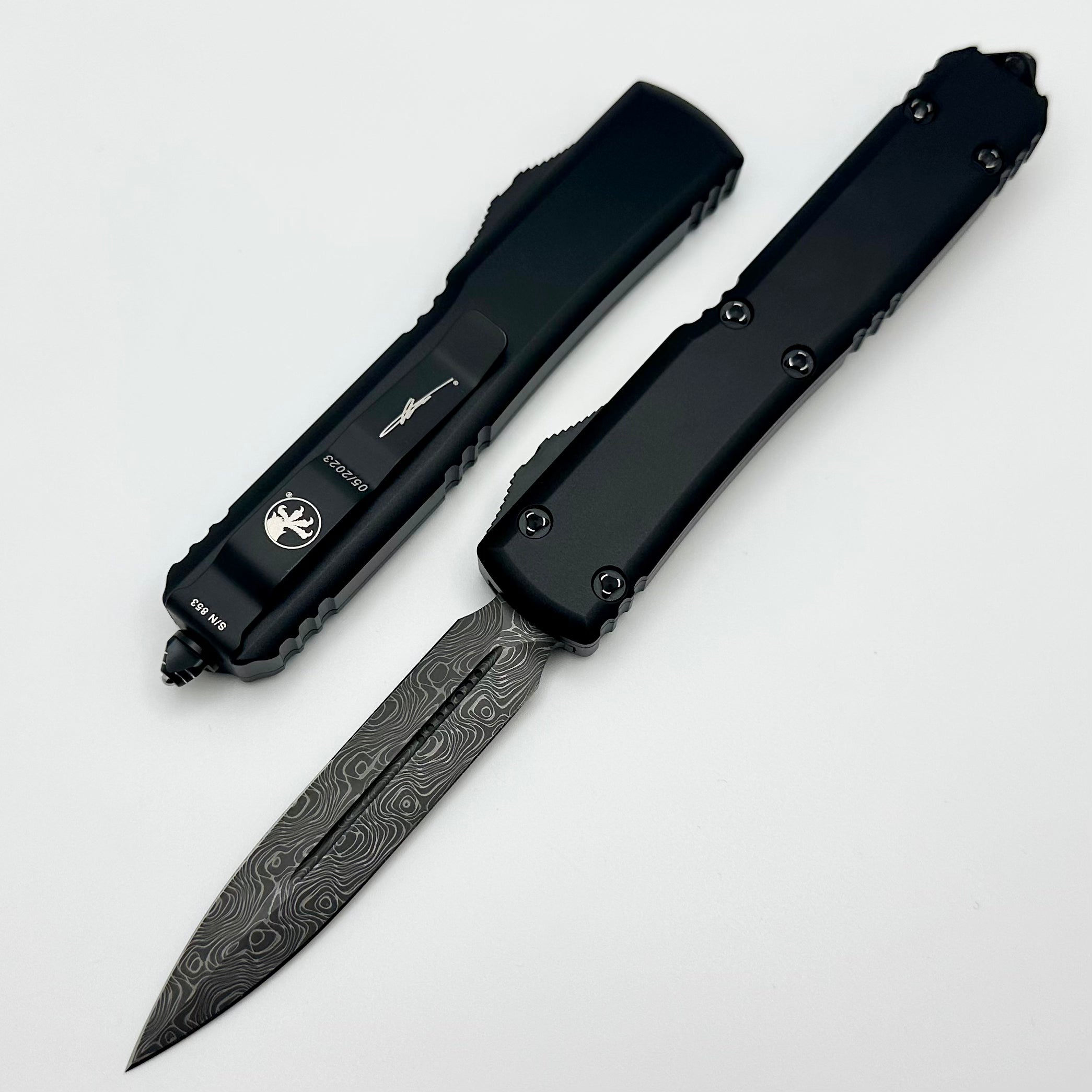 Microtech Ultratech Damascus Double Edge & Black w/ Ringed Hardware Si