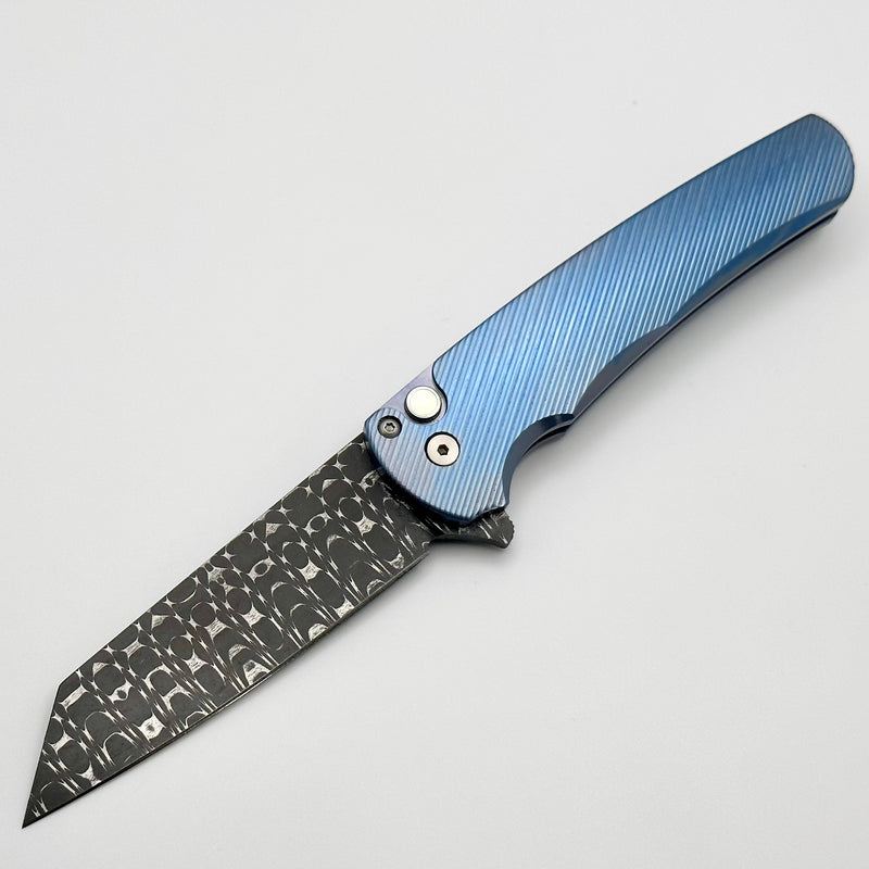 Pro-Tech Malibu Blue Ano Titanium Handle w/ Pearl Button & Vegas Forge Razorwire Damascus Reverse Tanto Blade 2023 Custom 008