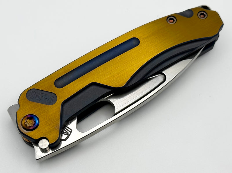 Medford Knife Infraction Tumbled S35 & Bead Blast Blue w/ Faced Bronze Handles & Flamed Hardware w/ BB Blue Clip