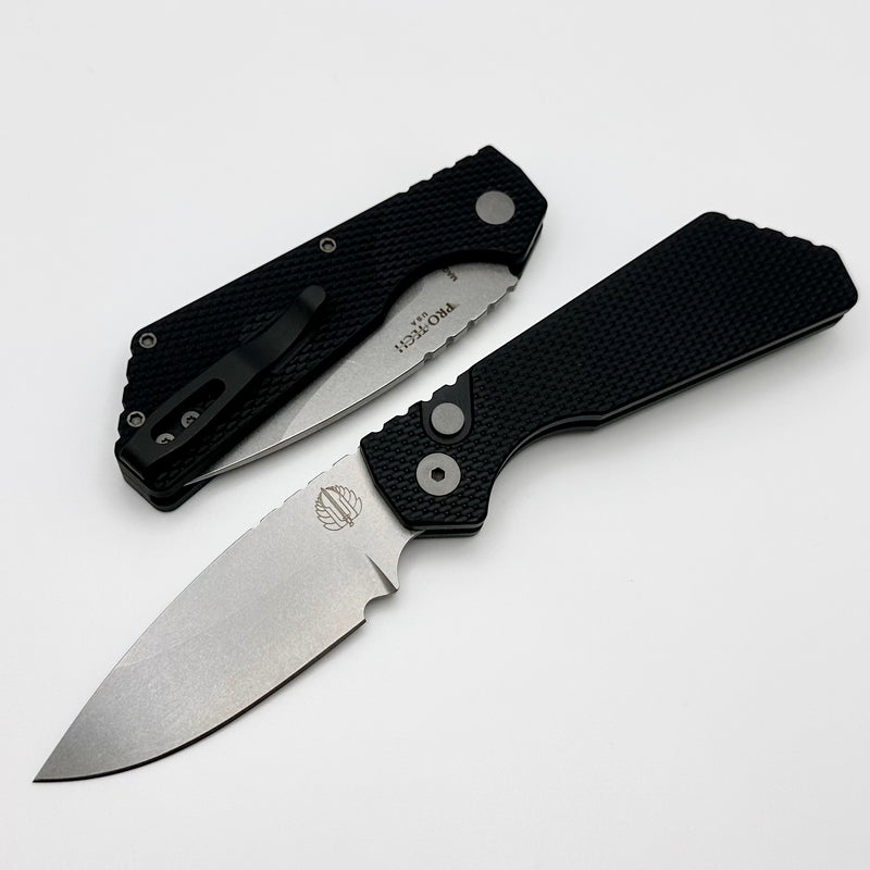 Pro-Tech PT Plus Black Textured Aluminum Handle w/ Blasted Hardware - Black Clip & Stonewash MagnaCut Blade PT205