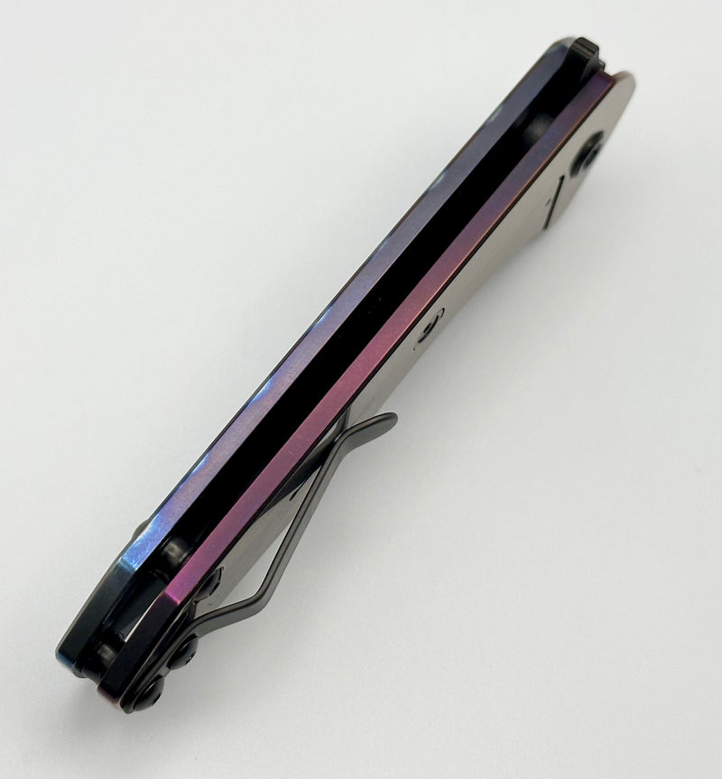 Medford Praetorian Slim Flipper S45VN PVD Tanto & Faced/Flamed Solar Flare Blue/Violet Handles w/ PVD Hardware/Clip