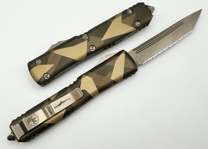 Microtech Ultratech Geo Tan Camo Bronzed Low Polished Tanto Full Serrated Signature Series 123-15LPGETACS
