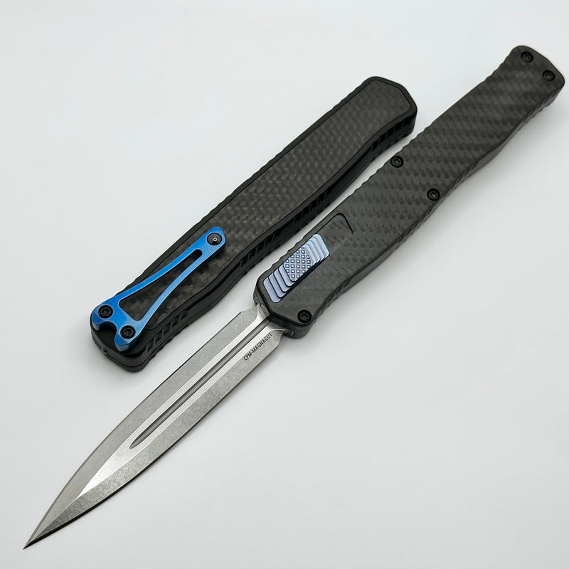 Heretic Knives Cleric II 2 Carbon Fiber Stonewash Double Edge Magnacut w/ Blue Ti Button/Clip H020-2A-CF/BLU