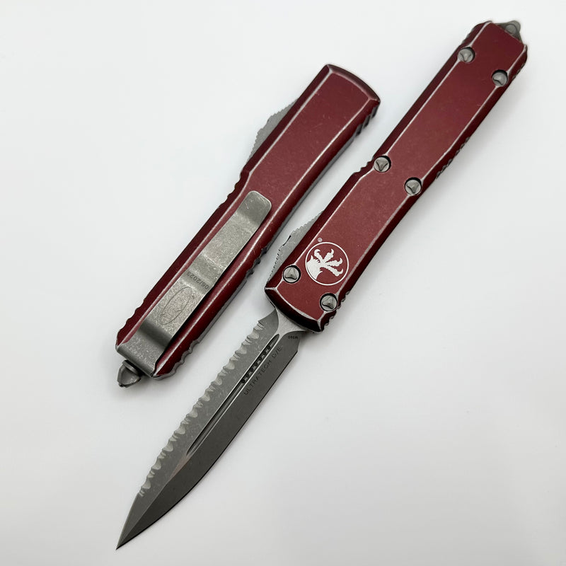 Microtech Ultratech Double Edge Full Serrated Apocalyptic & Distressed Merlot 122-12DMR