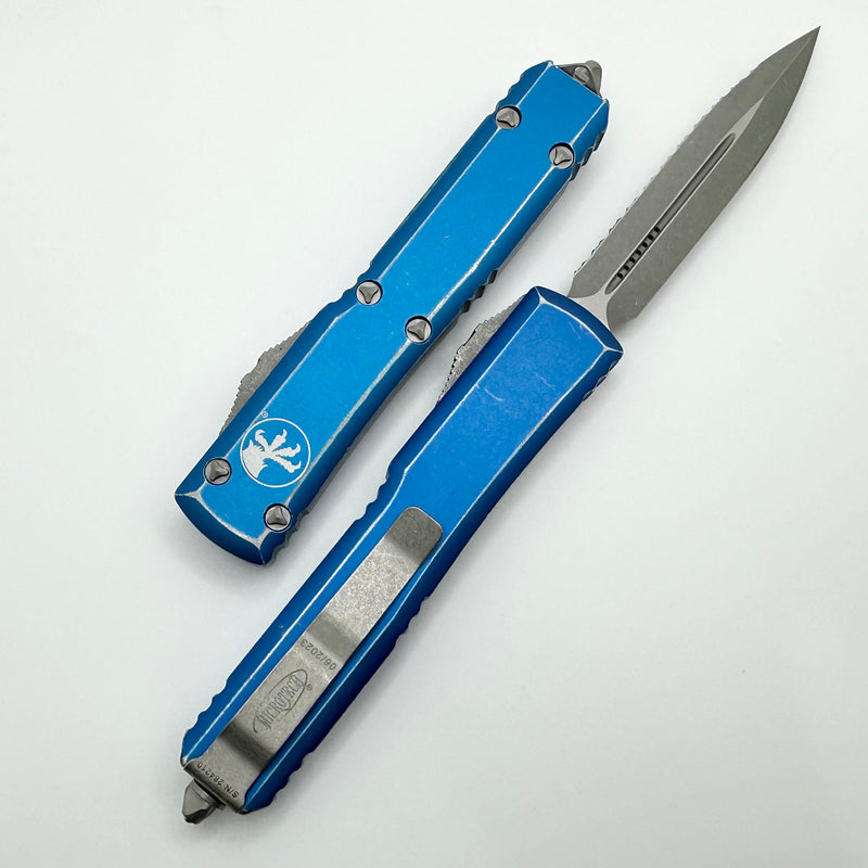 Microtech Ultratech Double Edge Full Serrated Apocalyptic & Distressed Blue 122-12DBL