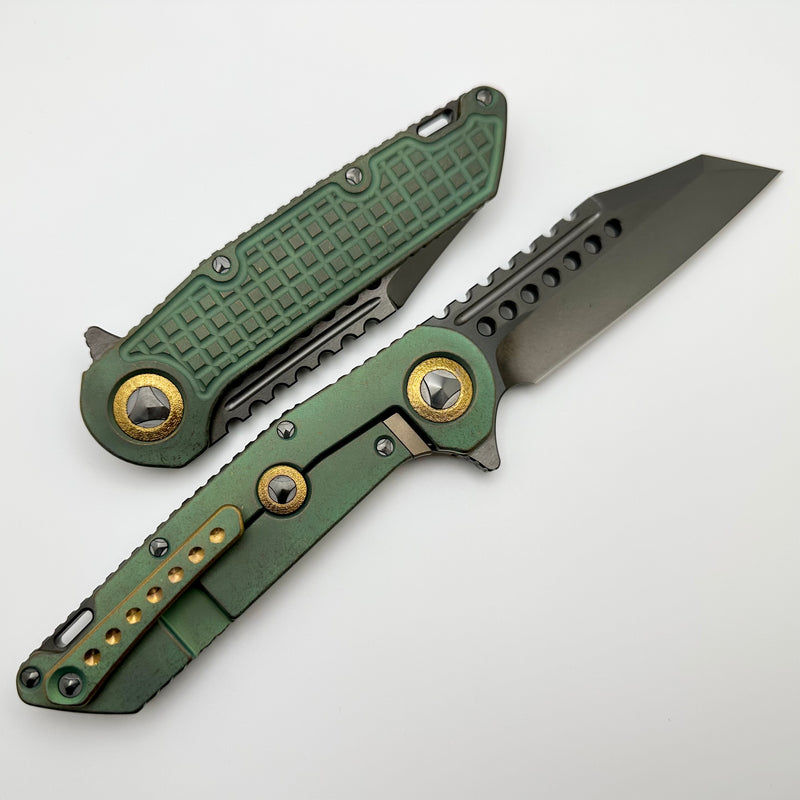 Marfione Custom Knives Warhound DLC Two Tone Stonewash & Antique Green Frag Titanium Handles w/ DLC Titanium Hardware