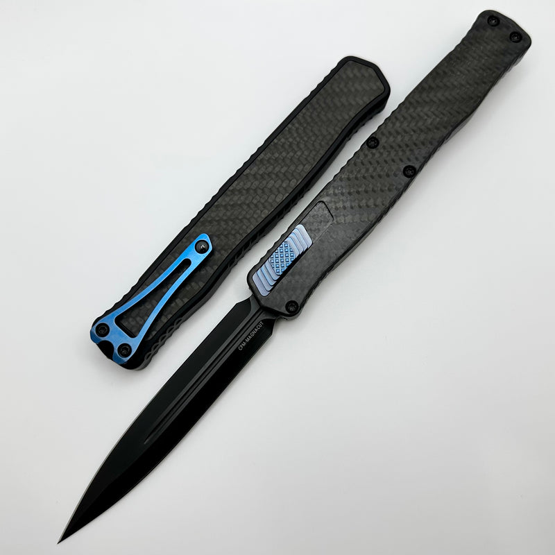 Heretic Knives Cleric II 2 Carbon Fiber DLC Double Edge Magnacut w/ Blue Ti Button/Clip H020-6A-CF/BLU